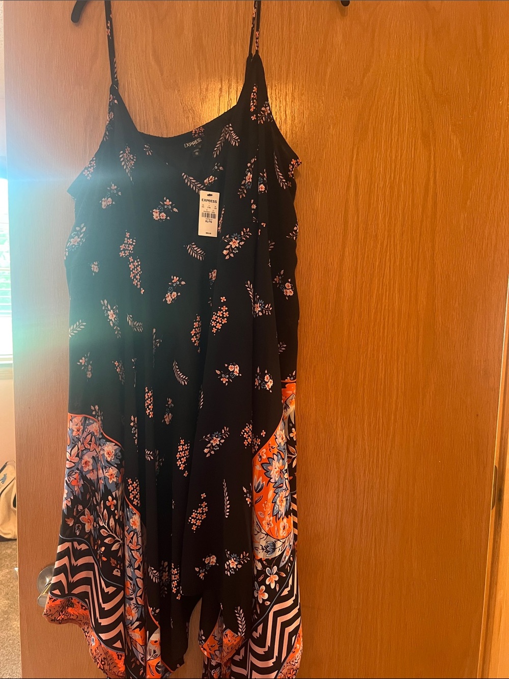 Express Black Floral Asymmetrical Slip Dress with Orange Border